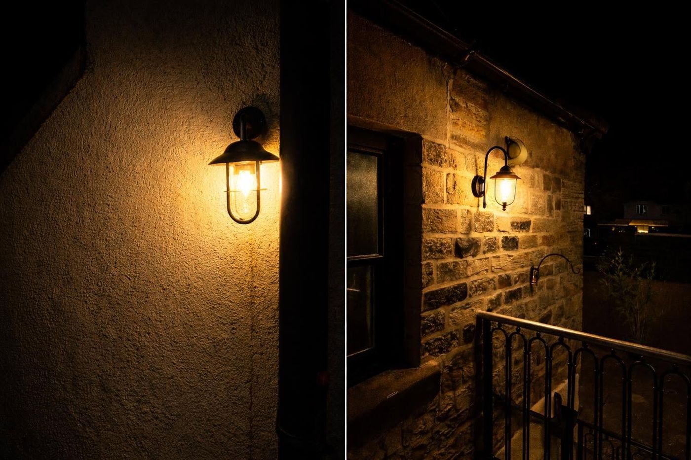 Lantern wall lights on a stone cottage in Leeds at night